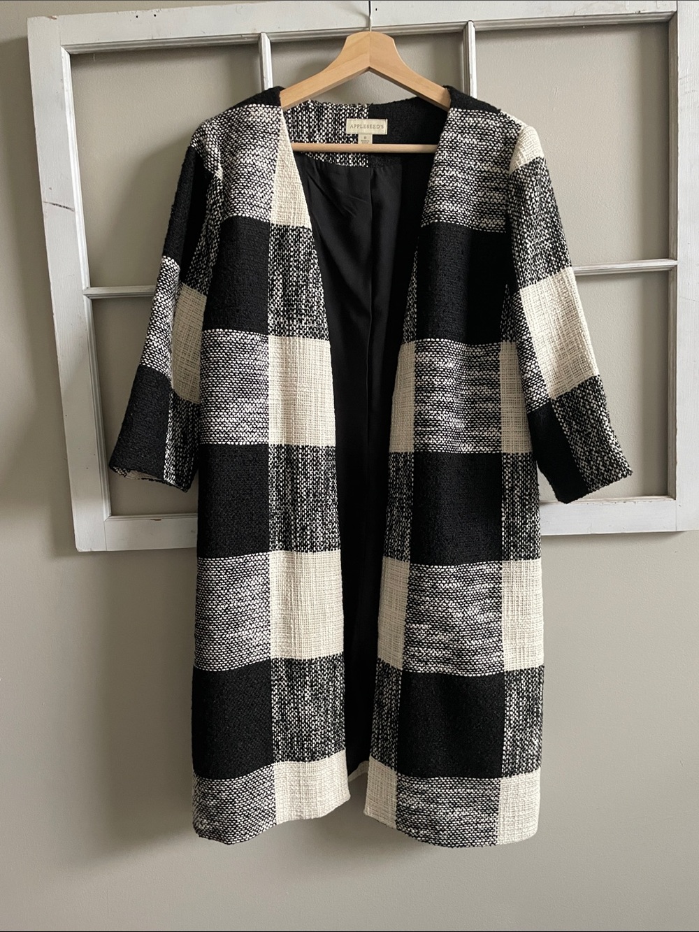 Appleseed's Black & White Check Open-Front Long Blazer/Coatigan